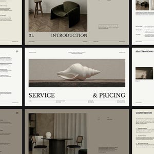 Puede incluir: Diseño de presentación con una paleta de colores neutros. Las diapositivas incluyen texto, imágenes de muebles y una concha. El texto incluye las palabras "Introduction", "Service & Pricing" y "Selected Works".