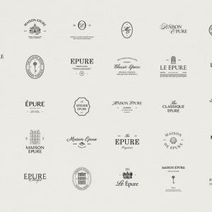 May include: A collection of black and white logos featuring the word "Epure" in various fonts and designs. Some logos include architectural illustrations, keys, and circular frames. The logos are displayed on a light beige background.