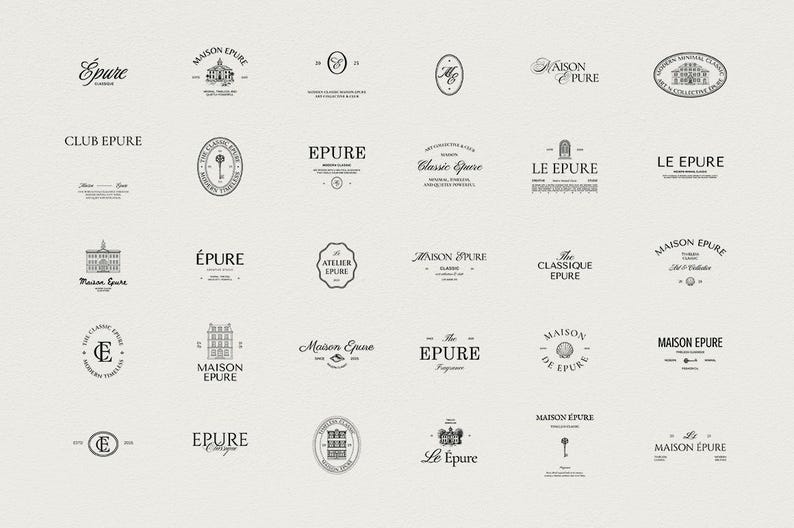 May include: A collection of black and white logos featuring the word "Epure" in various fonts and designs. Some logos include architectural illustrations, keys, and circular frames. The logos are displayed on a light beige background.