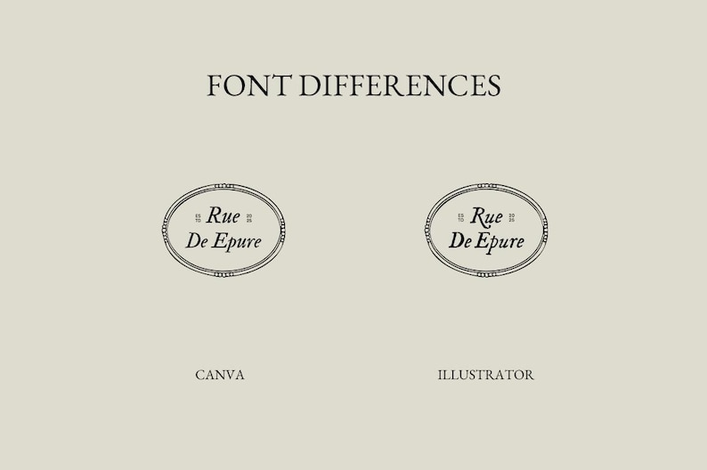 May include: A graphic comparing font differences, with the text "FONT DIFFERENCES" at the top. Two oval designs with the text "Rue De Epure" are below, with "CANVA" and "ILLUSTRATOR" below each design, respectively. The background is a light beige color.