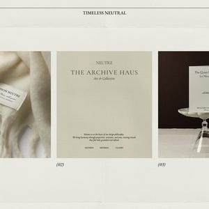 Könnte beinhalten: Ein neutral gestaltetes Grafikdesign mit drei Produktdarstellungen. Die erste zeigt einen cremefarbenen Schal mit einem Etikett. Die zweite zeigt eine beige Karte mit Text. Die dritte zeigt ein Buch auf einem Glasständer.