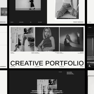 Puede incluir: Un diseño de portafolio creativo en blanco y negro con una cuadrícula de imágenes y texto. La imagen central muestra el texto "CREATIVE PORTFOLIO". Otras imágenes muestran personas y elementos de diseño. También es visible la cita "DESIGN IS NOT JUST WHAT IT LOOKS LIKE IT IS HOW IT WORKS AND HOW IT CONNECTS."