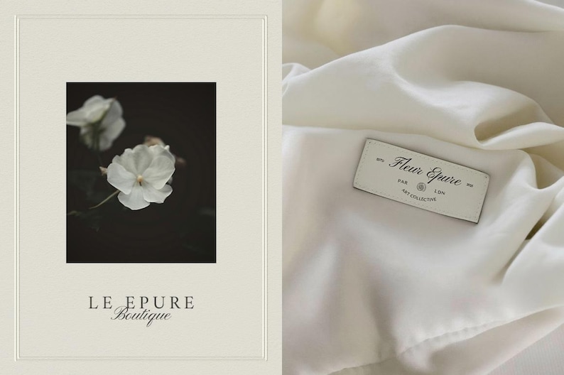 May include: An elegant product presentation featuring a framed image of white flowers against a dark background, and a close-up of a white fabric with a label that reads "Fleur Epure, Art Collector, London."