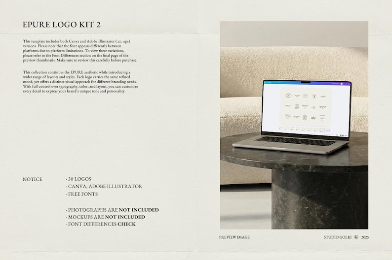 May include: A laptop displaying logo designs sits on a dark, round table. The text "EPURE LOGO KIT 2" is at the top, with details about the template, including Canva and Adobe Illustrator compatibility, and the availability of 30 logos.