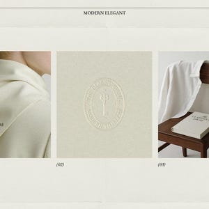 May include: A modern, elegant logo collection with three images. The first shows a cream-colored garment with a label that reads "MAISON PURE". The second features a cream-colored embossed logo. The third shows a book on a wooden chair.