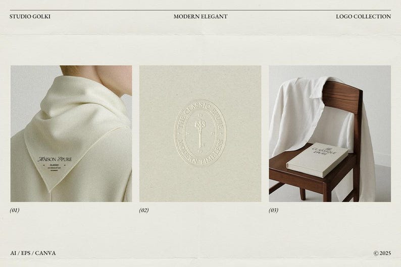 May include: A modern, elegant logo collection with three images. The first shows a cream-colored garment with a label that reads "MAISON PURE". The second features a cream-colored embossed logo. The third shows a book on a wooden chair.