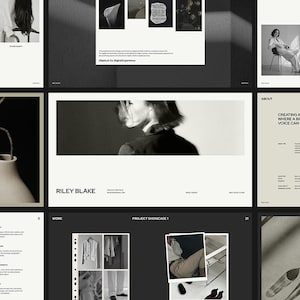 May include: A digital presentation with a minimalist design, featuring a neutral color palette of white, black, and beige. The slides showcase images, text, and layouts for a design project. The presentation includes the text "RILEY BLAKE".