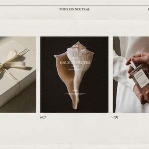May include: A logo collection featuring three images. The first shows a white gift box with a ribbon. The second displays a seashell with the text "THE HAUS OF NEUTRE". The third shows a perfume bottle.