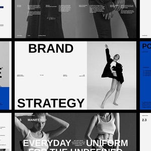 以下が含まれることがあります： 白黒の画像に青色のアクセントを加えた構成。テキスト、白いTシャツとジーンズを着た人物、黒いブレザーを着た人物が含まれています。「BRAND STRATEGY」の文字が大きく表示されています。