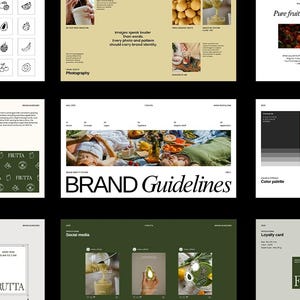 Op de afbeelding: Ontwerpelementen voor een merk, waaronder fruitillustraties, merkrichtlijnen, kleurenpaletten en social media-mockups. De merknaam "FRUTTA" is prominent aanwezig.