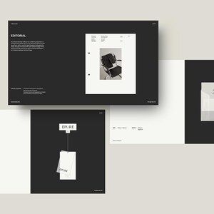 K&ouml;nnte beinhalten: Minimalistisches Design-Layout in Schwarz und Wei&szlig;. Das Bild zeigt eine Seite mit einem Stuhlfoto, Etiketten mit dem Logo "EPURE" und einem Umschlag. Das Design ist sauber und modern, geeignet f&uuml;r Branding oder Editorial.