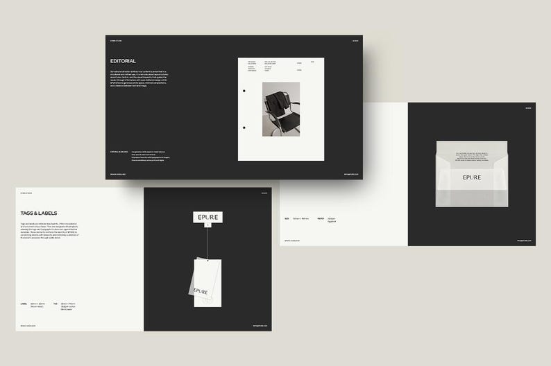 K&ouml;nnte beinhalten: Minimalistisches Design-Layout in Schwarz und Wei&szlig;. Das Bild zeigt eine Seite mit einem Stuhlfoto, Etiketten mit dem Logo "EPURE" und einem Umschlag. Das Design ist sauber und modern, geeignet f&uuml;r Branding oder Editorial.