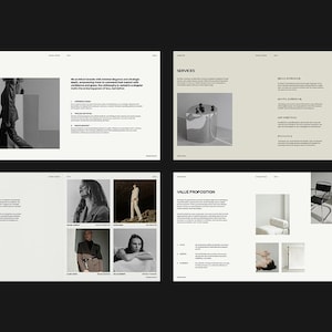 May include: A four-page layout with a minimalist design. The pages feature text and images in black and white, with a neutral color palette. The layout includes sections titled "About Us," "Services," "Our Team," and "Value Proposition."