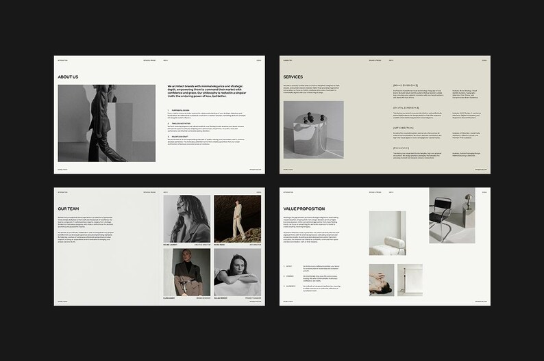May include: A four-page layout with a minimalist design. The pages feature text and images in black and white, with a neutral color palette. The layout includes sections titled "About Us," "Services," "Our Team," and "Value Proposition."