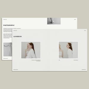 K&ouml;nnte beinhalten: Minimalistisches Layout mit den W&ouml;rtern &bdquo;FOTOGRAFIE&ldquo; und &bdquo;LOOKBOOK&ldquo; in einer serifenlosen Schriftart. Die Seiten zeigen Fotografien von Models in wei&szlig;er Kleidung. Der Hintergrund ist hell und neutral.
