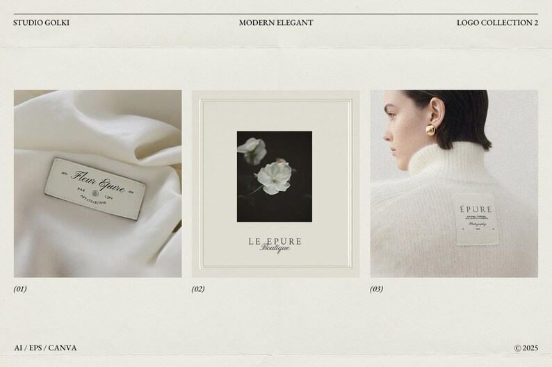 May include: A collection of three images with a modern, elegant theme. The first shows a tag that reads "Fleur Epure". The second is a framed black and white floral print. The third shows a woman wearing a white turtleneck sweater with a tag that reads "EPURE".
