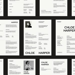 May include: A collection of professional resume templates featuring a clean, minimalist layout with black text on a white background. Each document displays the name Chloe Harper, contact details, work experience, skills, and education sections.