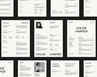 May include: A collection of professional resume templates featuring a clean, minimalist layout with black text on a white background. Each document displays the name Chloe Harper, contact details, work experience, skills, and education sections.
