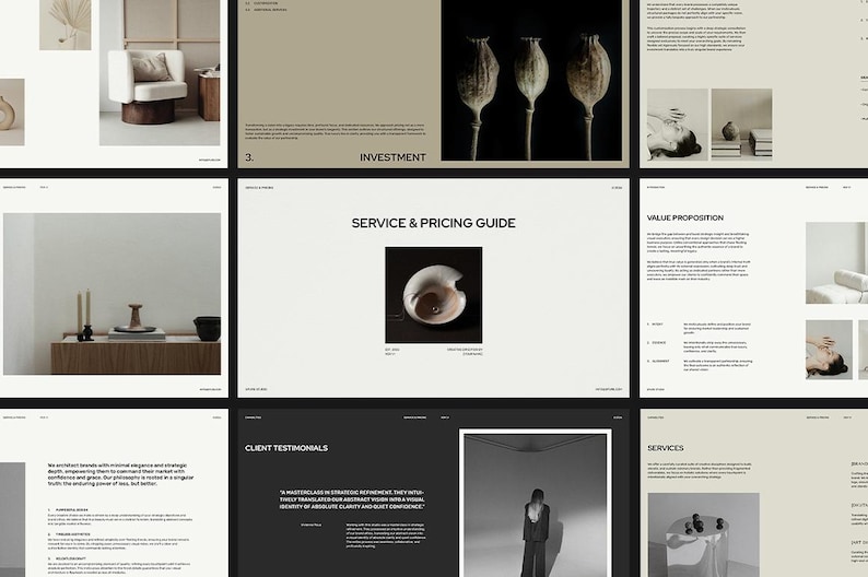 May include: A digital presentation with a minimalist design. The slides feature a neutral color palette with images of interior design, dried plants, and a person. Text includes headings like "Investment" and "Service & Pricing Guide."