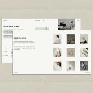 May include: Two white web design mockups with text and image placeholders. The top mockup reads "VALUE PROPOSITION" and "RECENT WORKS". The second mockup displays a grid of images. A black chair and a lamp are visible in the top right corner.