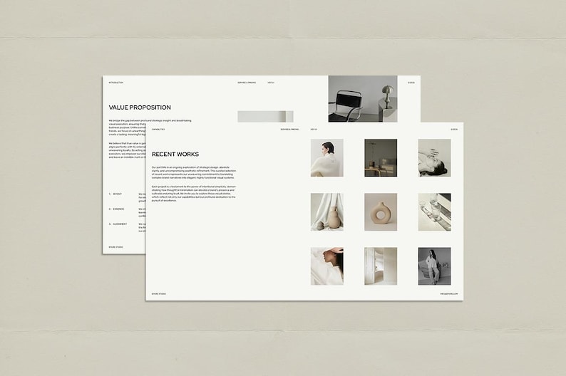 May include: Two white web design mockups with text and image placeholders. The top mockup reads "VALUE PROPOSITION" and "RECENT WORKS". The second mockup displays a grid of images. A black chair and a lamp are visible in the top right corner.
