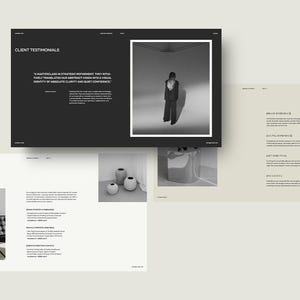 May include: A grayscale image of a website design layout. The design includes a black section with the text "Client Testimonials" and a photo of a person in a suit. Other sections include text and images of vases and a chair.