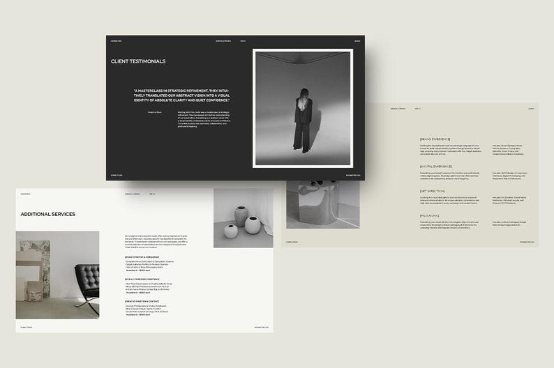 May include: A grayscale image of a website design layout. The design includes a black section with the text "Client Testimonials" and a photo of a person in a suit. Other sections include text and images of vases and a chair.