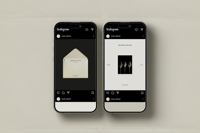 Puede incluir: Dos smartphones que muestran publicaciones de Instagram. Uno muestra un sobre color crema con texto, el otro una imagen en blanco y negro de tres objetos. Ambas pantallas tienen una barra negra superior e inferior.