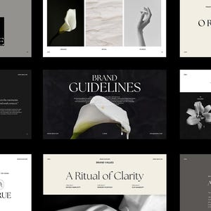 Puede incluir: Una colección de elementos de diseño que presenta la marca "O RUE" en bolsas de compras y logotipos. La imagen también incluye un lirio de agua, una mano y textos como "Brand Guidelines" y "A Ritual of Clarity".