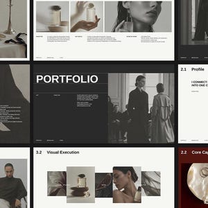 Puede incluir: Una presentación de portafolio digital con múltiples diapositivas sobre fondos negros, blancos y rojo oscuro. El diseño incluye encabezados de texto como Portfolio, Profile y Core Capabilities, junto con fotografías en blanco y negro de modelos.
