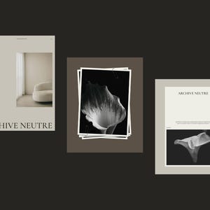 Puede incluir: Tres im&aacute;genes enmarcadas sobre un fondo oscuro. La imagen de la izquierda presenta una habitaci&oacute;n con un sof&aacute; curvo. La imagen central es una impresi&oacute;n floral en blanco y negro. La imagen de la derecha tiene una forma abstracta en blanco y negro. Todas las im&aacute;genes tienen el texto "ARCHIVE NEUTRE".