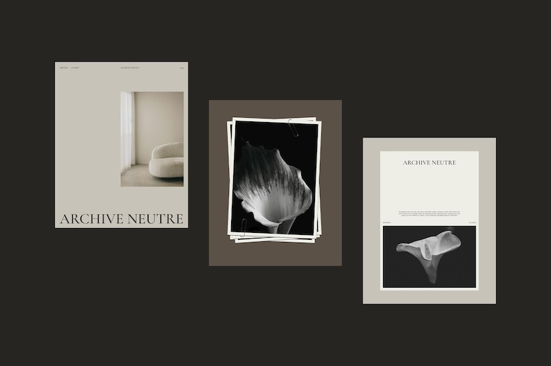 Puede incluir: Tres im&aacute;genes enmarcadas sobre un fondo oscuro. La imagen de la izquierda presenta una habitaci&oacute;n con un sof&aacute; curvo. La imagen central es una impresi&oacute;n floral en blanco y negro. La imagen de la derecha tiene una forma abstracta en blanco y negro. Todas las im&aacute;genes tienen el texto "ARCHIVE NEUTRE".