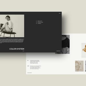 K&ouml;nnte beinhalten: Graustufen-Pr&auml;sentationsdesign mit einer Frau, die auf einem Stuhl sitzt. Das Design enth&auml;lt den Text "COLOR SYSTEM" und einen Abschnitt mit einem Foto einer goldenen Tulpe.