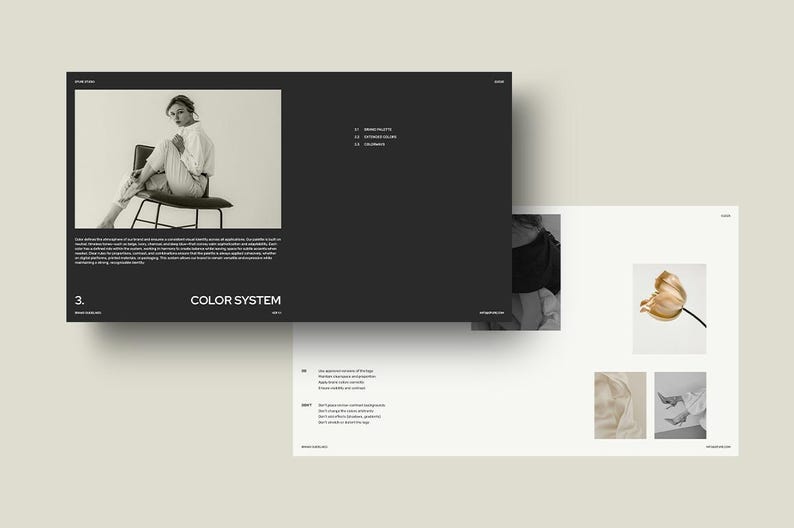 K&ouml;nnte beinhalten: Graustufen-Pr&auml;sentationsdesign mit einer Frau, die auf einem Stuhl sitzt. Das Design enth&auml;lt den Text "COLOR SYSTEM" und einen Abschnitt mit einem Foto einer goldenen Tulpe.