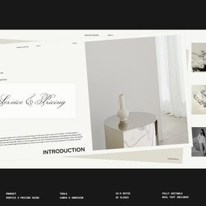 May include: A digital service and pricing guide with the title "Service & Pricing" in elegant script. The design features a white vase on a silver table, and additional images. The guide is fully editable.