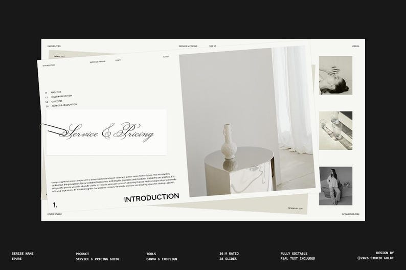 May include: A digital service and pricing guide with the title "Service & Pricing" in elegant script. The design features a white vase on a silver table, and additional images. The guide is fully editable.
