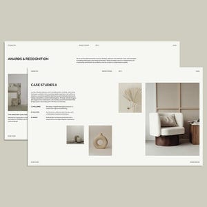 May include: A minimalist interior design presentation featuring a white armchair with a brown base, a wooden side table, and decorative vases. The layout includes text and images, showcasing a modern aesthetic.
