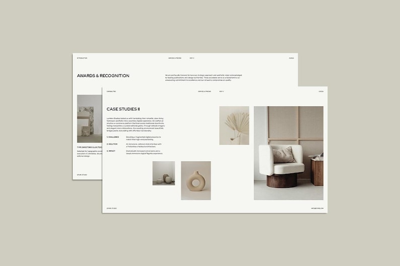 May include: A minimalist interior design presentation featuring a white armchair with a brown base, a wooden side table, and decorative vases. The layout includes text and images, showcasing a modern aesthetic.