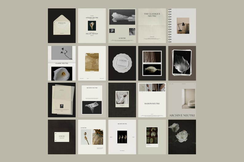 Puede incluir: Una colecci&oacute;n de impresiones art&iacute;sticas minimalistas y art&iacute;culos de papeler&iacute;a. Las im&aacute;genes presentan tonos neutros, elementos bot&aacute;nicos y composiciones abstractas. Las impresiones incluyen texto como "ATELIER NEUTRE" y "ARCHIVE NEUTRE".