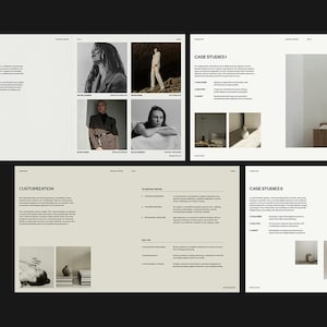 May include: A layout of several pages with text and images. The pages are in a minimalist style with a neutral color palette. The pages include the text "OUR TEAM", "CASE STUDIES", and "CUSTOMIZATION". The images include portraits of people and product photos.
