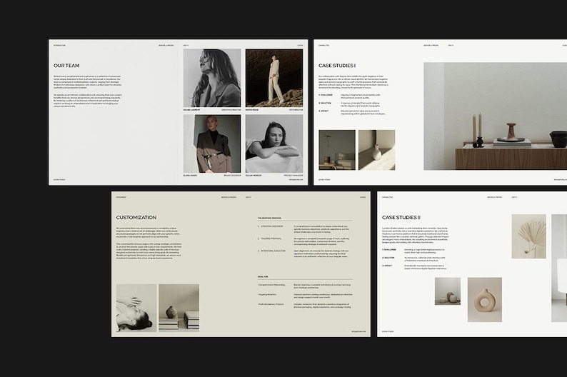 May include: A layout of several pages with text and images. The pages are in a minimalist style with a neutral color palette. The pages include the text "OUR TEAM", "CASE STUDIES", and "CUSTOMIZATION". The images include portraits of people and product photos.