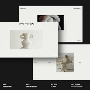 May include: A branding bundle presentation against a black backdrop. The presentation features slides with images of a vase, a person, and abstract art. The slides are white with black text. The presentation is labelled "Brand Proposal" and "Strategy".