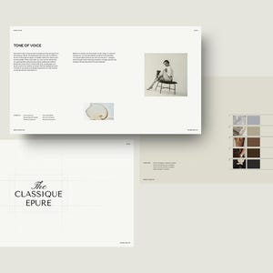 K&ouml;nnte beinhalten: Eine minimalistische Designpr&auml;sentation mit drei Seiten. Eine Seite zeigt den Text &bdquo;TONE OF VOICE&ldquo; und ein Foto einer Person. Eine andere Seite hat den Text &bdquo;The CLASSIQUE EPURE&ldquo;. Eine dritte Seite zeigt Farbfelder.