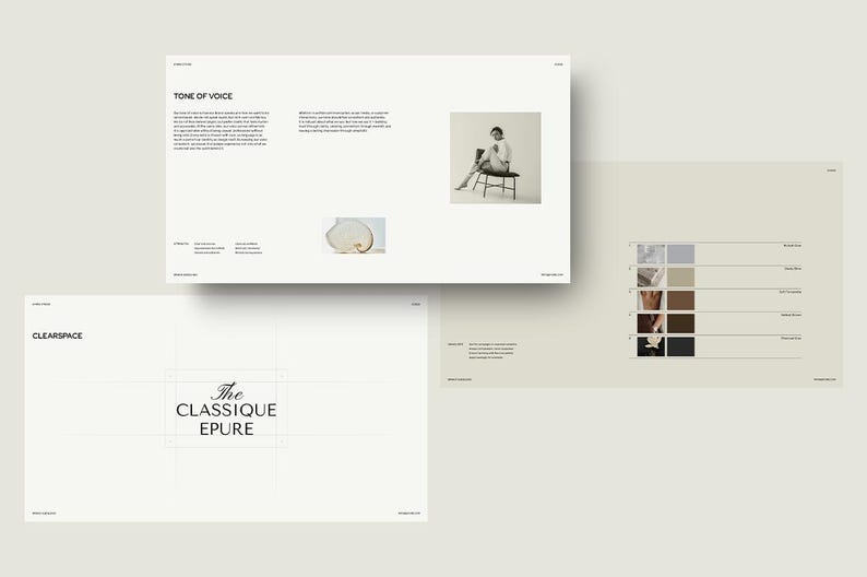 K&ouml;nnte beinhalten: Eine minimalistische Designpr&auml;sentation mit drei Seiten. Eine Seite zeigt den Text &bdquo;TONE OF VOICE&ldquo; und ein Foto einer Person. Eine andere Seite hat den Text &bdquo;The CLASSIQUE EPURE&ldquo;. Eine dritte Seite zeigt Farbfelder.
