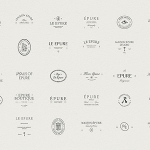 May include: A collection of various black and white logos and emblems, featuring the words "Epure," "Maison Epure," and "Le Epure." The designs include keys, floral elements, and architectural illustrations, all set against a neutral background.