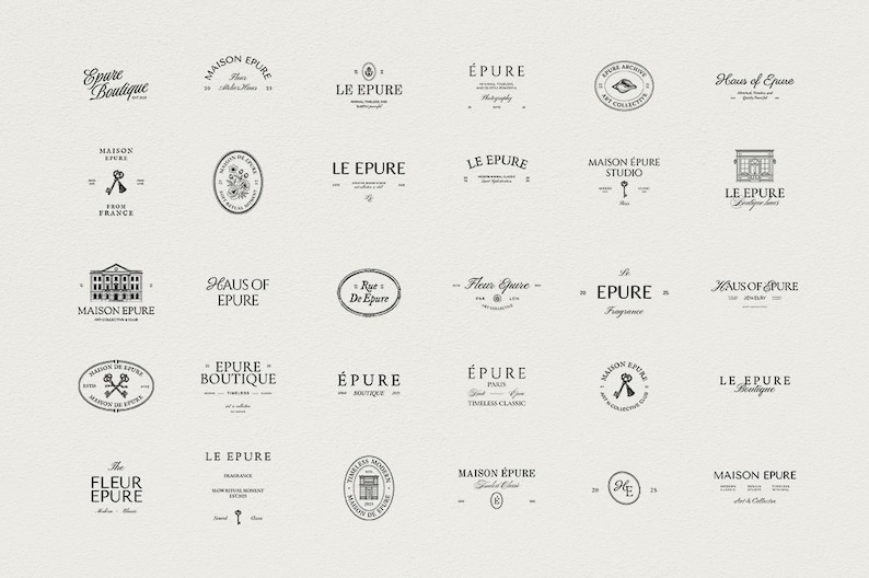 May include: A collection of various black and white logos and emblems, featuring the words "Epure," "Maison Epure," and "Le Epure." The designs include keys, floral elements, and architectural illustrations, all set against a neutral background.