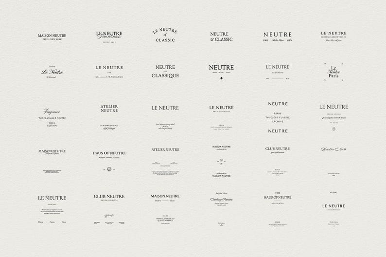May include: A collection of minimalist logos and text designs in a variety of fonts. The logos feature the word "NEUTRE" and other related phrases, such as "MAISON NEUTRE" and "LE NEUTRE", in a simple, elegant style. The designs are in black on a light beige background.