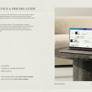 May include: A laptop displaying a design template sits on a dark, round table. The text "EPURE SERVICE & PRICING GUIDE" is at the top. The image also includes text about the template's features, such as 28 slides, Canva & Adobe InDesign, and free fonts.