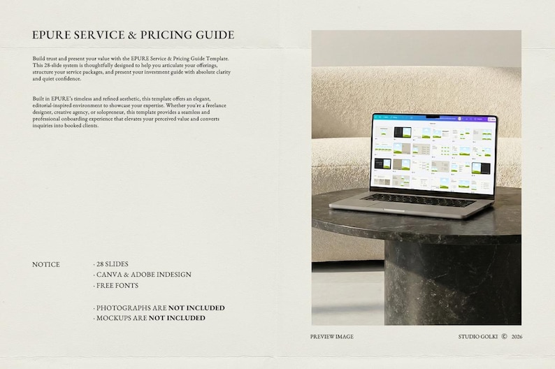 May include: A laptop displaying a design template sits on a dark, round table. The text "EPURE SERVICE & PRICING GUIDE" is at the top. The image also includes text about the template's features, such as 28 slides, Canva & Adobe InDesign, and free fonts.