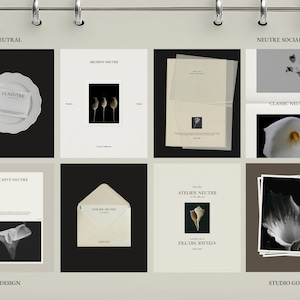 Puede incluir: Una colecci&oacute;n de elementos de dise&ntilde;o en tonos neutros, que incluye un plato con texto, im&aacute;genes bot&aacute;nicas y papeler&iacute;a. La imagen presenta el texto "TIMELESS NEUTRAL", "ARCHIVE NEUTRE", "ATELIER NEUTRE", "NEUTRE SOCIAL MEDIA KIT", "CANVA / INDESIGN" y "STUDIO GOLKI &copy; 2025".